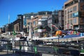 OSLO, NORWAY Ã¢â¬â AUGUST 17, 2016: People walking on modern district on street Stranden, Aker Brygge district with lux Royalty Free Stock Photo